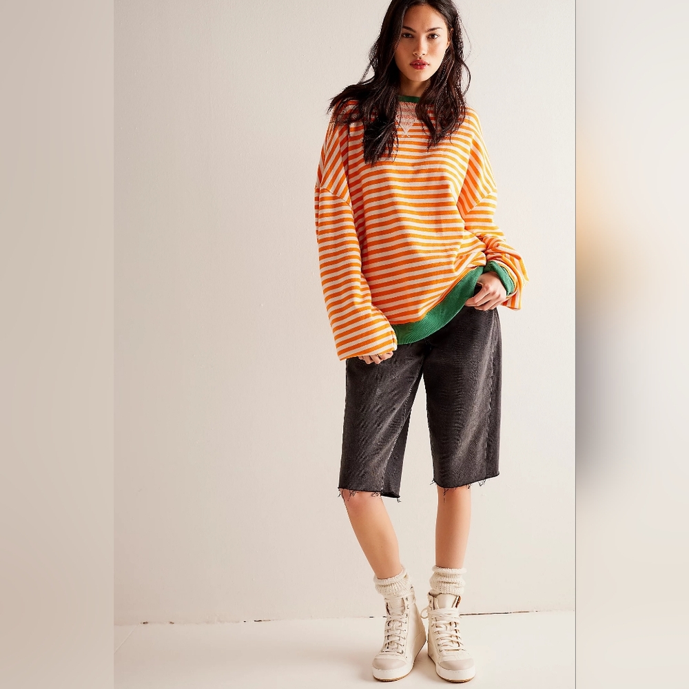 Free People We the Free Classic Striped Oversized Crewneck, Small NWOT